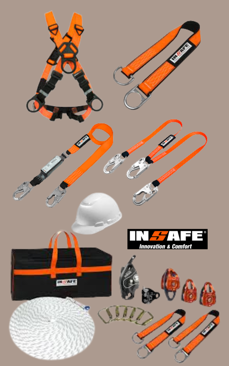 Kit de seguridad en alturas INSAFE con arnés, eslingas de detención, líneas de vida, mosquetones, descendedores, eslinga en Y, y casco para protección industrial